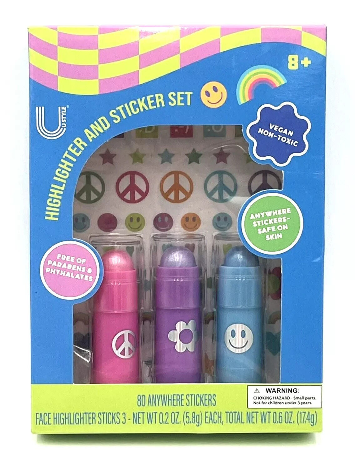 U Style Highlighter and Sticker Set-80 Stickers & 3 Face Highlighter Sticks - Bellso
